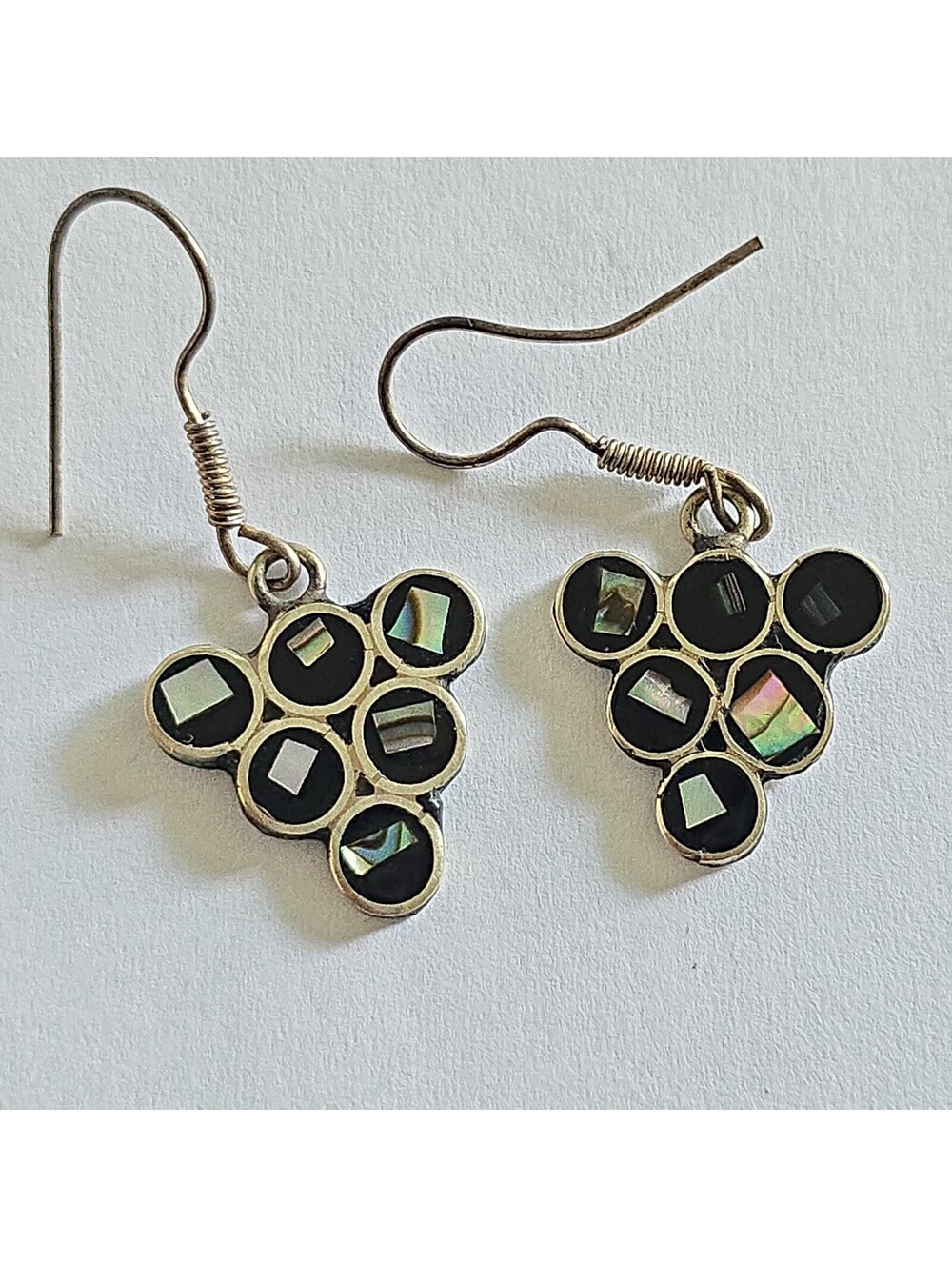 Vintage Alpaca Mexico Inlaid Onyx with Abalone Shell Earrings